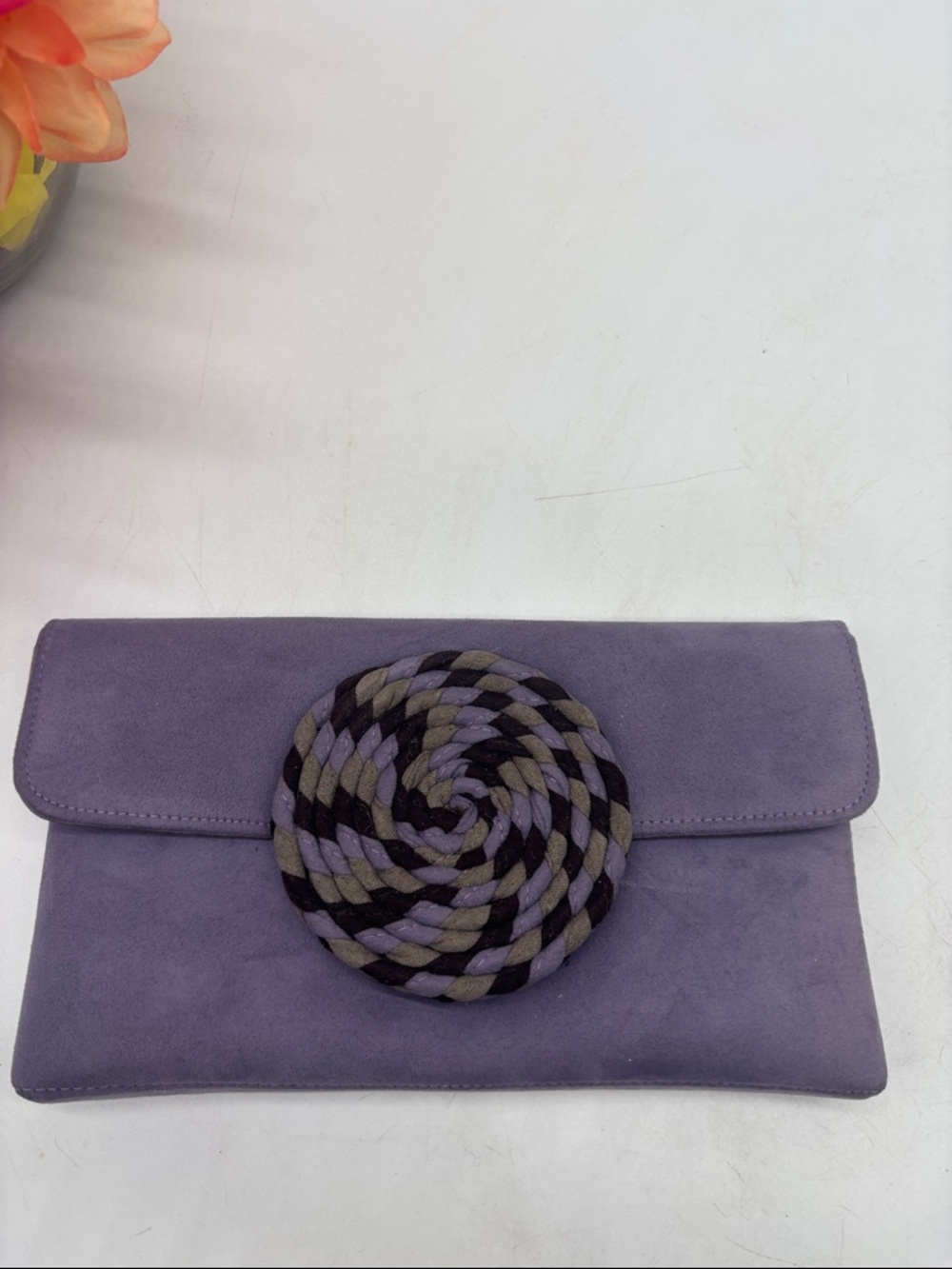 Purple Suede Floral Accent Clutch - Unbranded